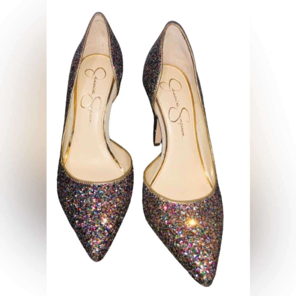 Jessica Simpson high heels rainbow/gold glitter. EUC sz 7